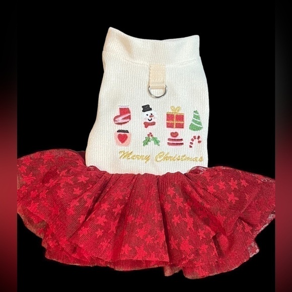 Christmas Dog Dress Lace Tulle Bottom Leash attachment Beige Red embroidery - Picture 2 of 16